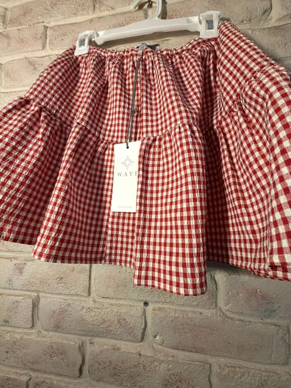WAYF Red White Gingham Tiered Smocked Mini Skirt - Image 3