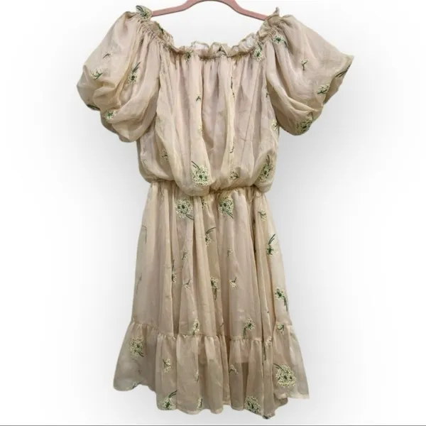 G.P.D. Cream Floral Embroidered Puff Sleeve Dress - Size Medium - Image 2