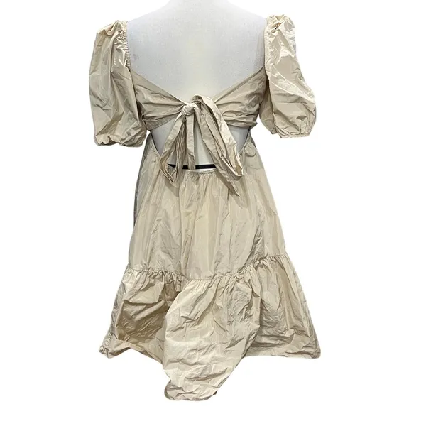 Aritzia Wilfred Opera Babydoll Dress Womens M Tan Cream Taffeta‎ Puff Sleeve - Image 5
