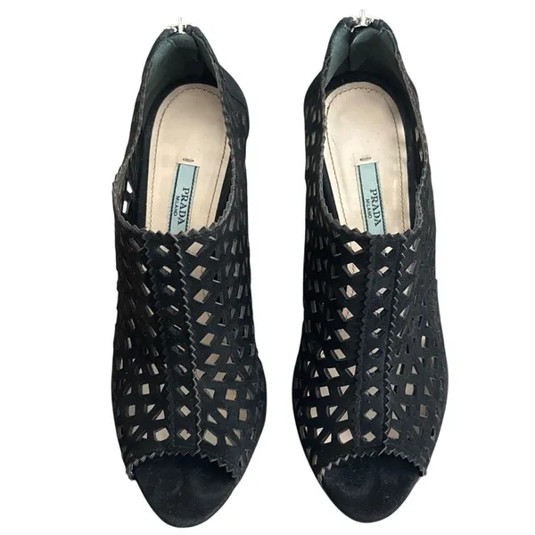 Prada Black Suede Laser Cut Peep Toe Ankle Booties Italy EU 38 US 7.5-8 - Image 2