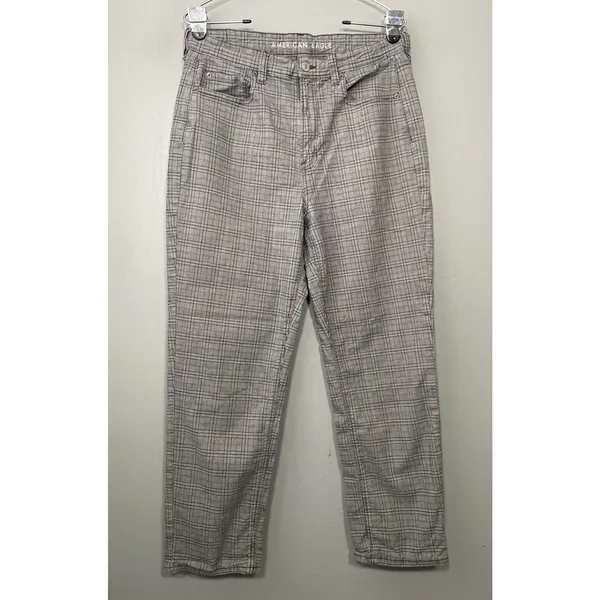 American Eagle Mom Straight Pants Size 14 Gray Plaid High Rise Preppy Trousers - Image 3