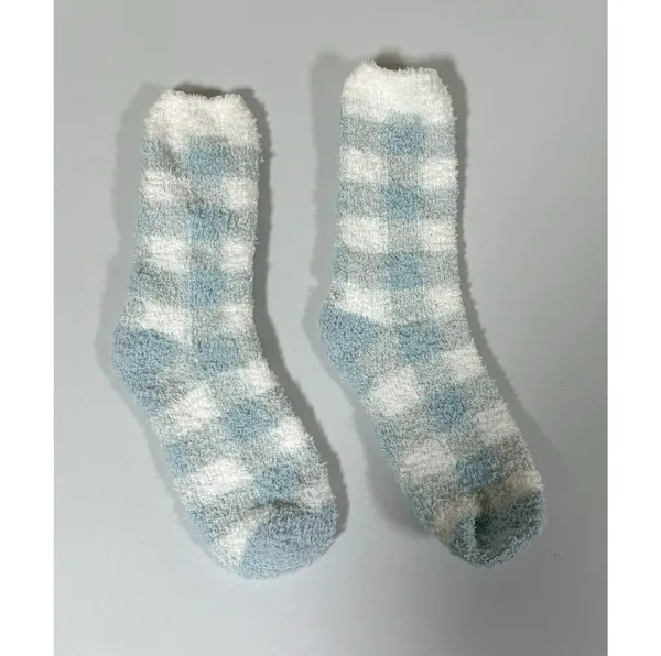 Blue White Pastel Plaid Checkered Plush Fuzzy Winter Socks Hosiery ❄️ - Image 2