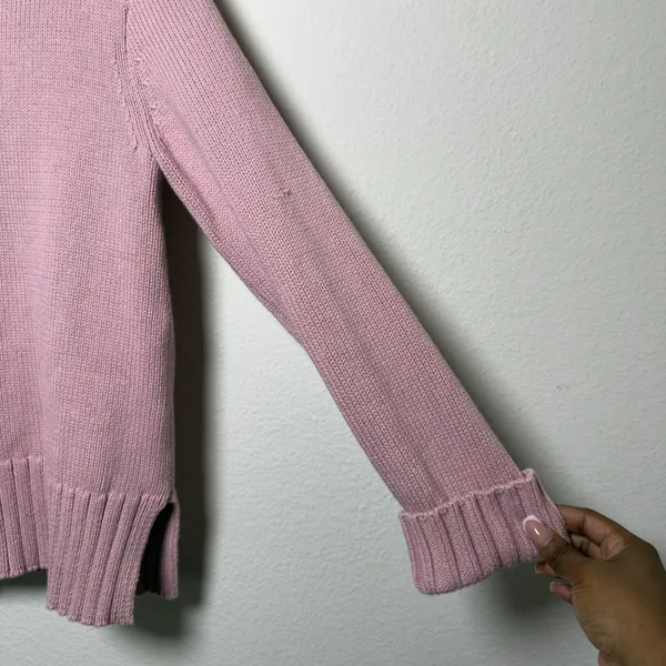 J. Crew Women 100% Cotton Sweater XS Pink Mock Neck Ribbed‎ Side Slits FIsherman - Image 2