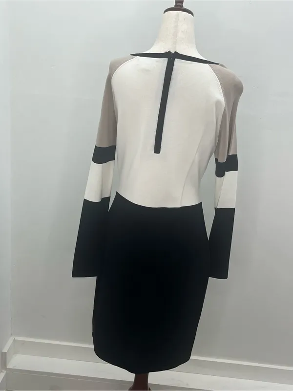 Calvin Klein Black White Taupe Long Sleeve Colorblock Knit Midi Dress Medium - Image 5