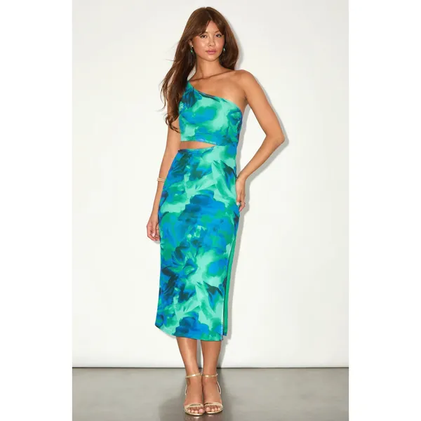 Lulus Ismerida Green Blue Abstract Mesh One Shoulder Midi Dress Party XS NWT - Image 3