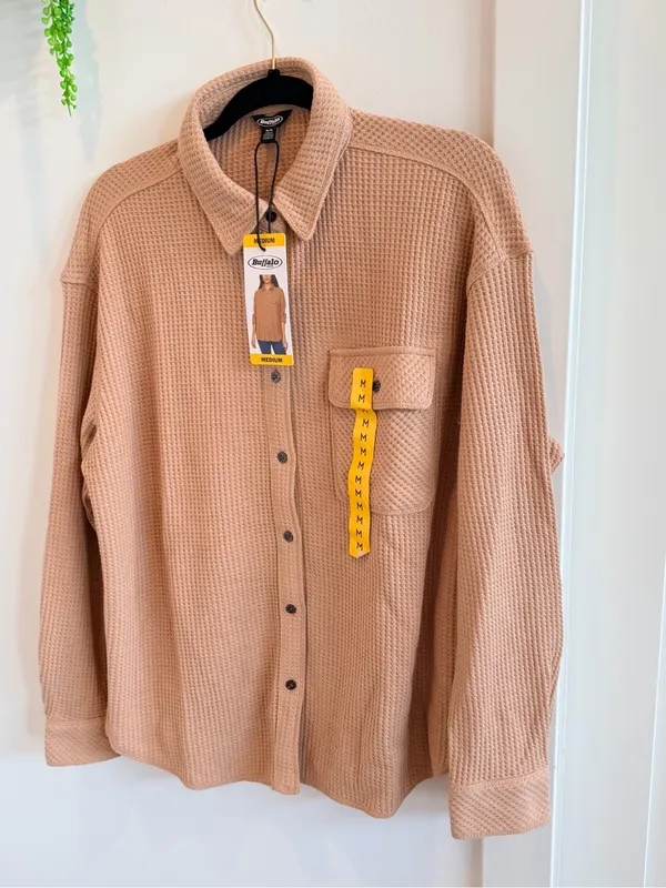 Buffalo Jeans Tan Waffle Knit Button-Down Shirt Jacket NWT Size Medium Womens - Image 3