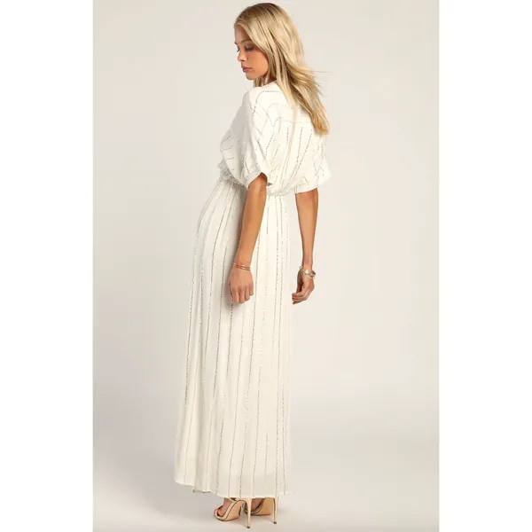 Lulus Goddess Vibes Ivory Gold Striped Dolman Sleeve Maxi Dress Resort XS NWT - Image 4