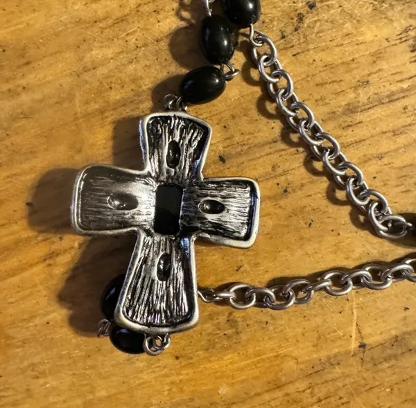 Luxe silver tone, long cross necklace, and earrings - Image 4