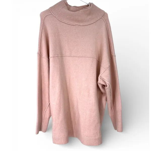 Free People L Softly Tunic Turtleneck Sweater Oversized Knit Pullover Pink - Image 3