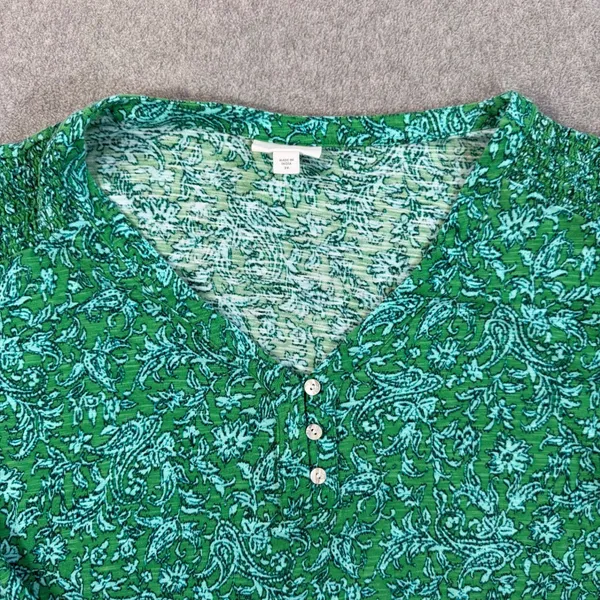 J.Jill Women's 2X Green Floral V-Neck Blouse Top Smocked Shoulder 3/4 Sleeve - Image 4