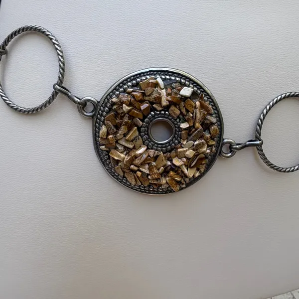 Medallion Chain Link Belt OS Brown Silver Boho Stone Inlay Earthy Artsy Western - Image 3