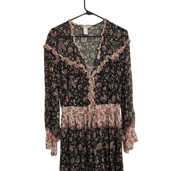 H&M‎ Black Floral Ruffle V-Neck Tiered Midi Dress Boho Cottagecore Fall - Image 2