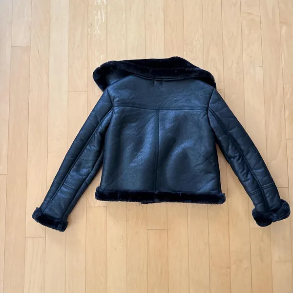 Princess Polly black shearling cropped black aviator jacket XS/S - Image 3