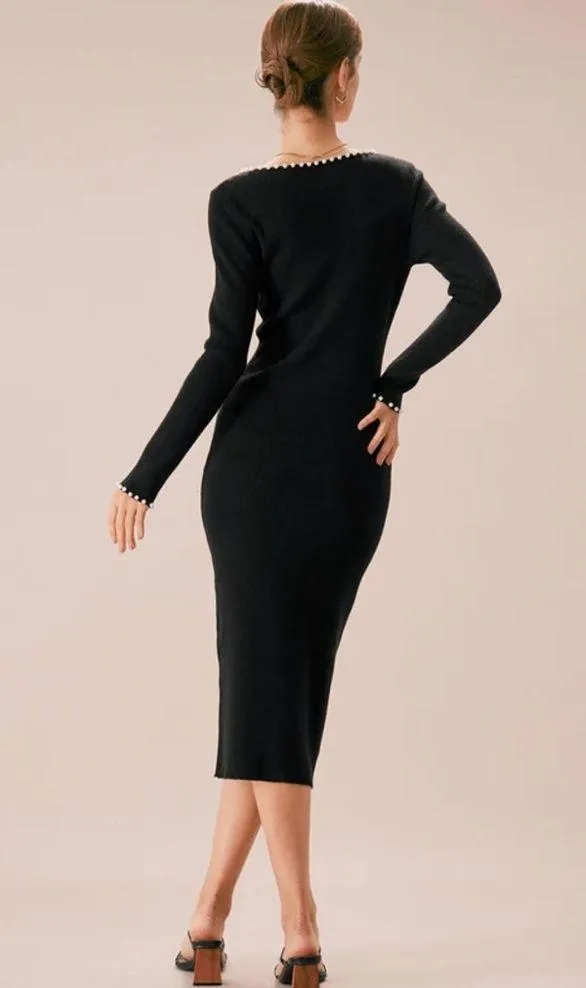 Rihoas Black Pearl Trim Bodycon Knit Midi Dress, Size M, NWT - Image 5