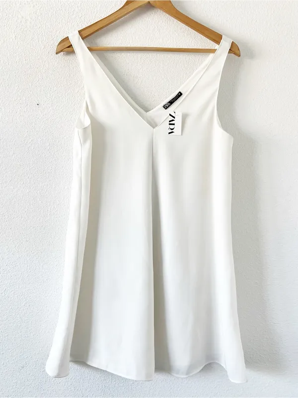 Zara White Double V-Neck Flowy Bridal Mini Dress - Image 2