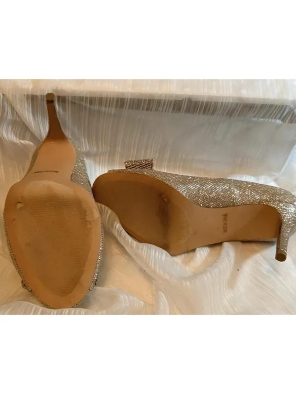 Lauren Lorraine Gold Pump Heels Bow Glitter Peep Toe Slip On Size 9 - Image 6