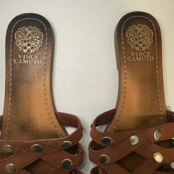 Vince Camuto Vazista Brown Leather Gold Studded Slide Sandals Size 8 - Image 4