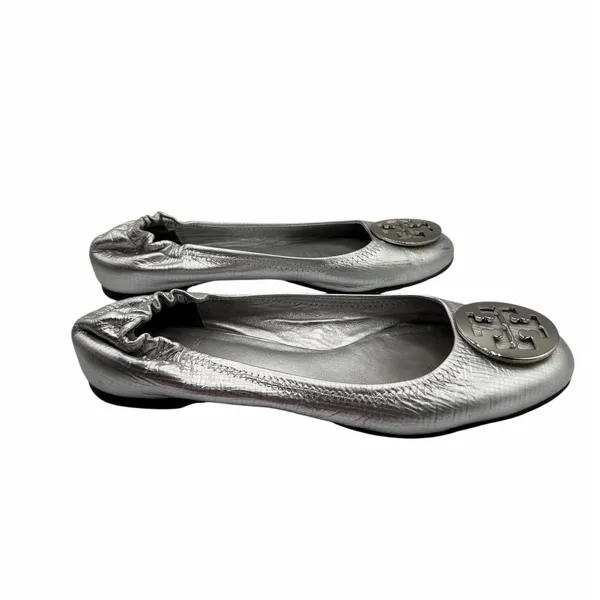 Tory Burch Reva Flats Silver Metallic‎ Leather Logo Medallion Shoes Size 10 Y2K - Image 10