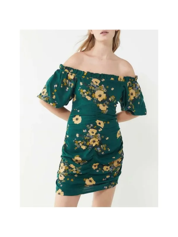Urban Outfitters Dress Size 2 Green Floral Puff Sleeve Off Shoulder Mini Cottage - Image 11