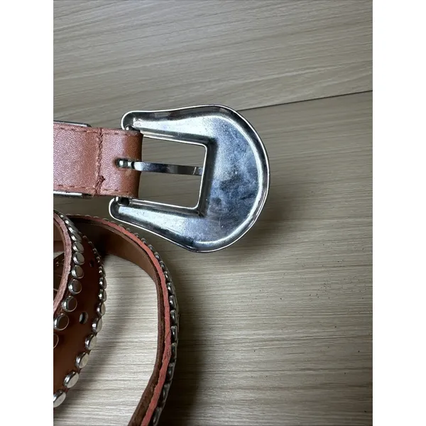 Vintage Statement Belt Womens A. Taylor Tan Silver Buckle Medium Studded‎ - Image 8