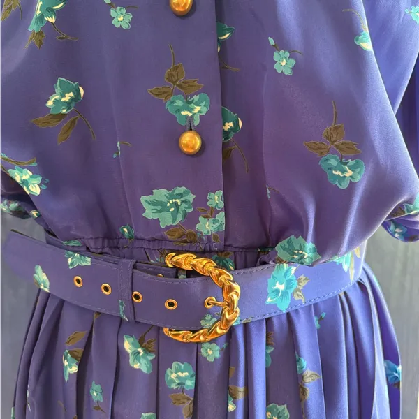 Blue Midi Dress 80s Blouson Floral Print Dress Button Back 80s Draped High Waist - Image 3
