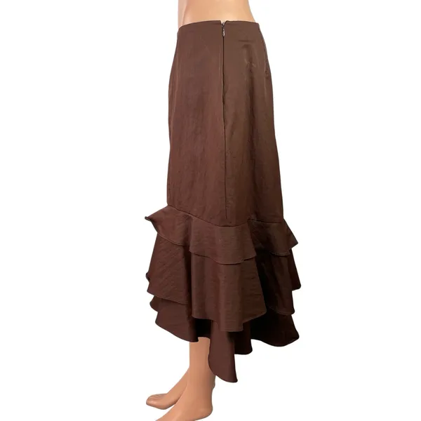 Samuel Dong Women's Brown Mid Waist Ruffle Asymmetric Tiered Midi Skirt Size M - Image 2