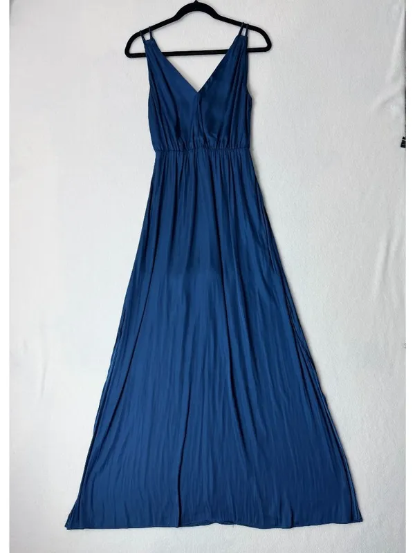 H&M dark teal satin maxi dress minimalist slip with slit and open back vibe 2 - Image 10