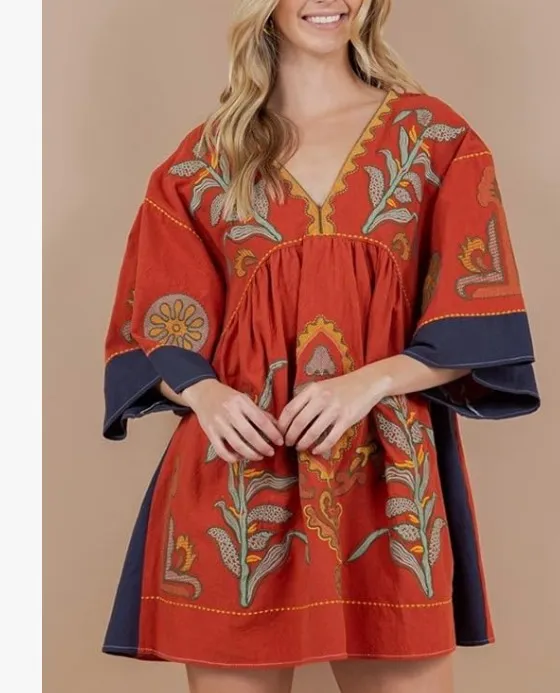 Women's oversized embroidered dress With 3/4 sleeve - Image 4