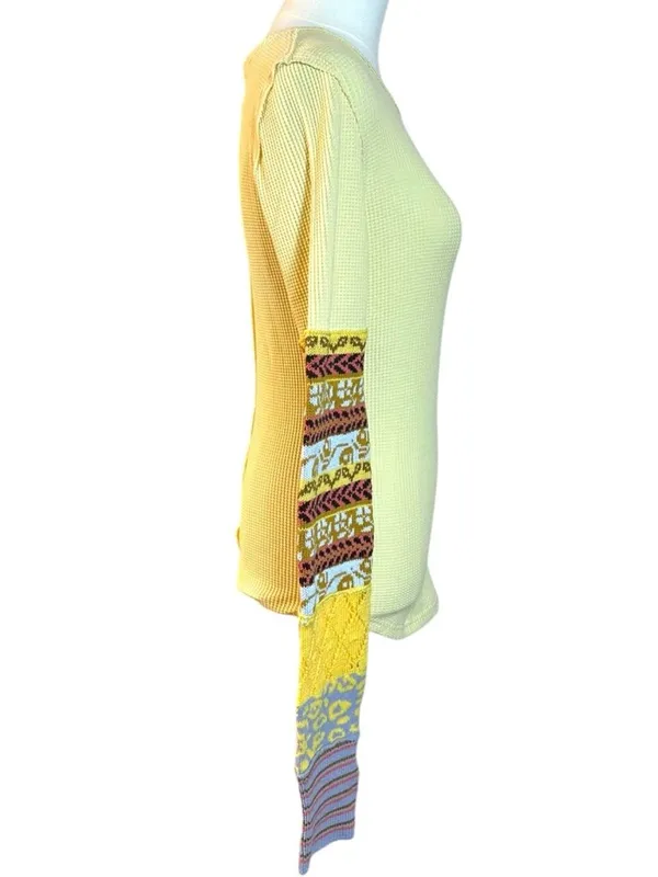 Free People All In Cuff Grunge 90s Thermal Sweater Crewneck Top Medium Yellow - Image 7