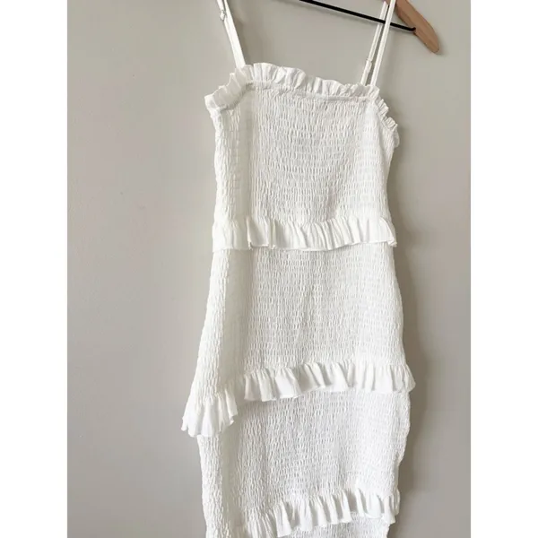 Shein White Smocked Tiered Ruffle Thin Strap Cotton Midi Dress Size XS - Image 2