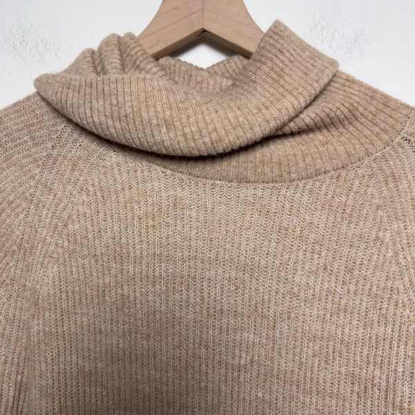 Quince Women Merino Wool Alpaca Sweater Large Tan‎ Ribbed Cowl Neck Raglan L - Image 5