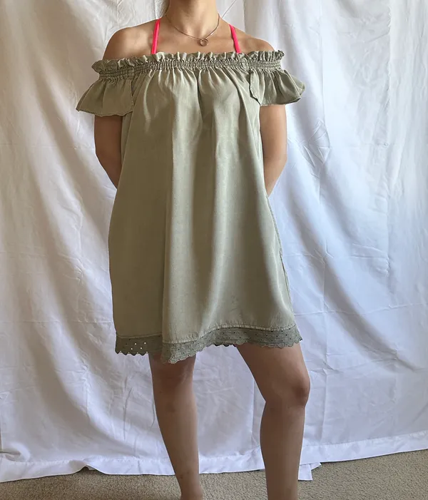 Smocked Off Shoulder Mini Dress - Army Green - S - Image 5