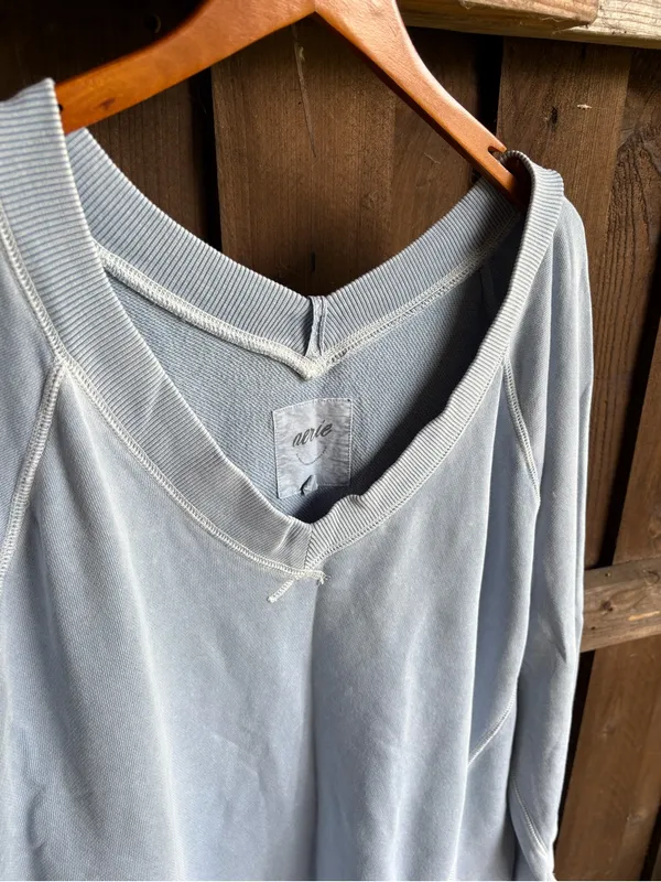 Aerie Light Blue Distressed V Neck Comfy Sweatshirt - Image 2