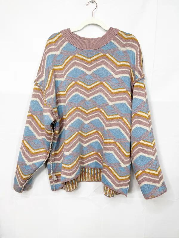 Free People Beach Malibu Pattern Textured Oversized Crew Neck Sweater Boho - Image 7