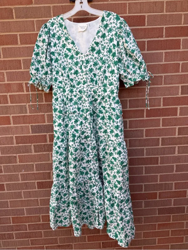 Tuckernuck Hyacinth House Irenea Midi Dress Green Floral Ruffle Puff Sleeve Lrg - Image 2