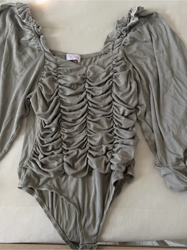 Pink Lily Sage Green Ruched Long-Sleeve Bodysuit - Image 2
