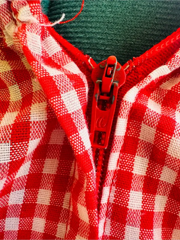 Handmade VINTAGE SQUARE DANCE PRAIRIE DRESS RED GINGHAM CHECKERED w DENIM Size 12/14 - Image 6