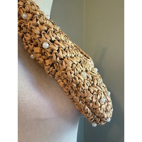 Haute Hippie Woven Straw Pearl Hobo Shoulder Bag Tan NWT boho beach resort daint - Image 4