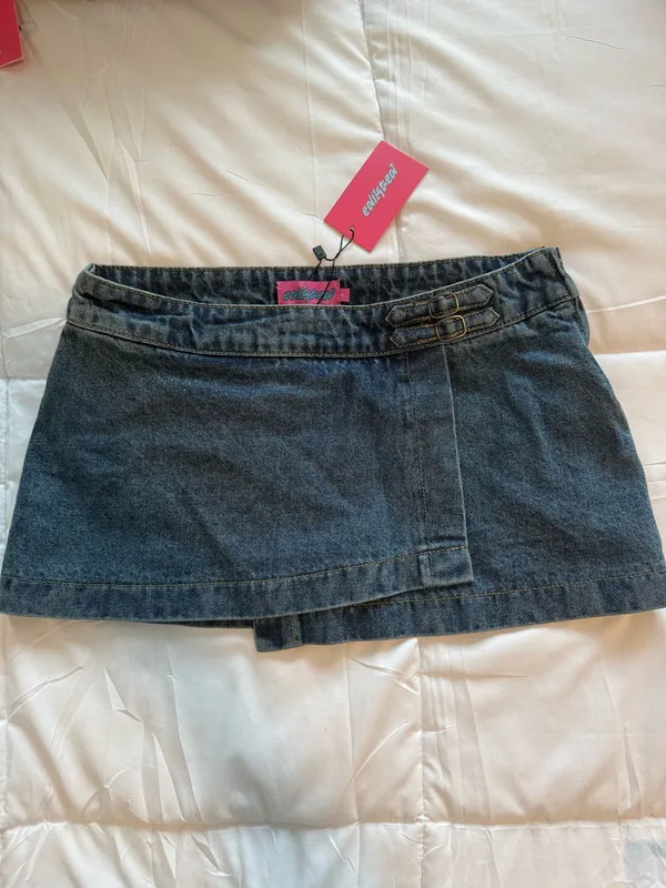 Edikted Asymmetric Denim Wrap Skort - Image 4