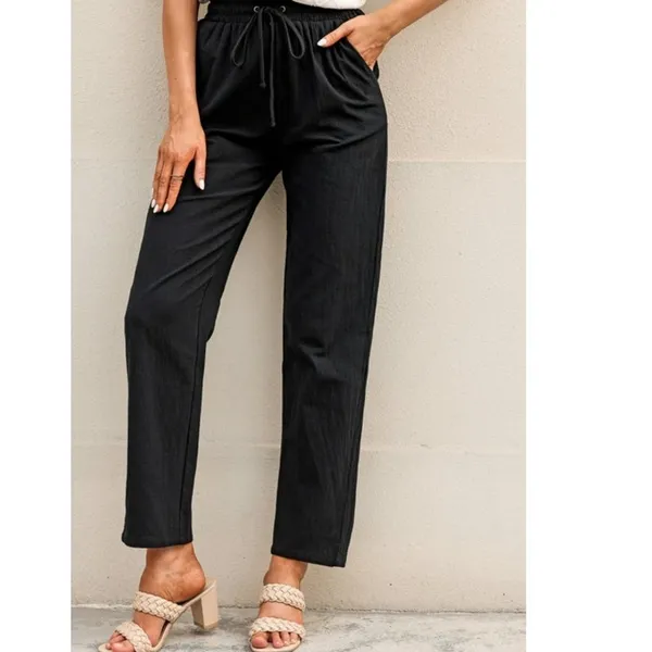 NWT ~ Women's Black Cotton Casual Straight Leg Drawstring High Waist Pants ~ M - Image 5