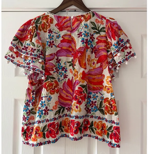 Farm Rio Floral Pom Pom Trim Swiss Dot Babydoll Blouse‎ Multi Color Womens Large - Image 2