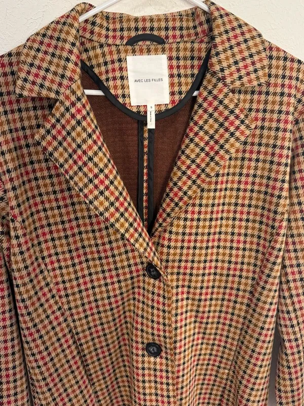 Avec Les Filles Longline Plaid Houndstooth Blazer Tan Red Black Size S - Image 3