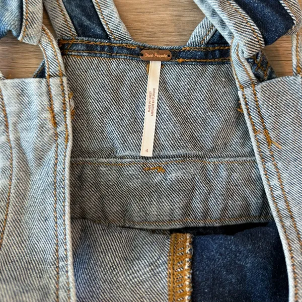 Free People Patchwork Blues Blue Denim Pinafore Dress, Size 4 - Image 4