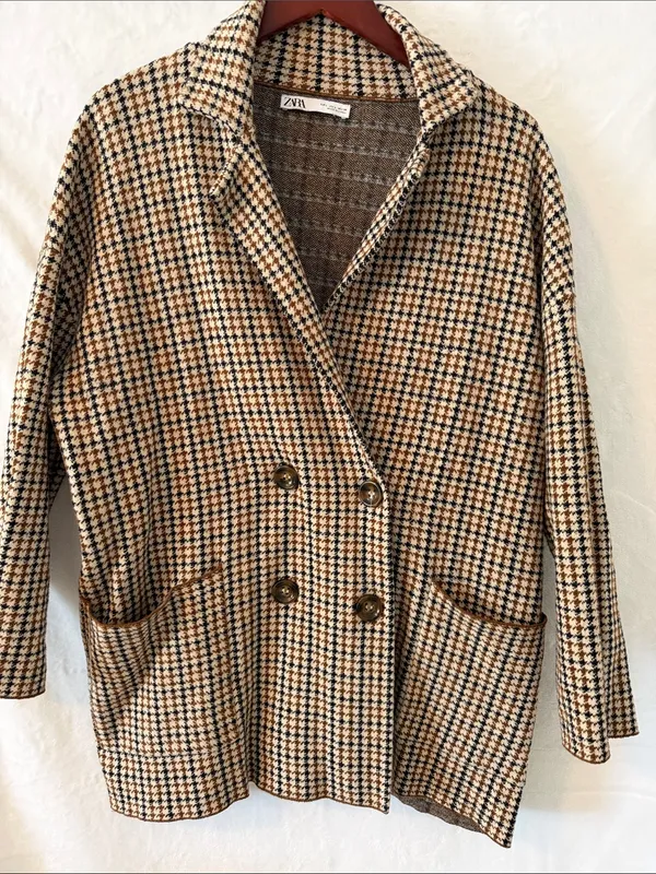 Zara Tan, Black and Cream Houndstooth Double-Breasted Pea Coat - Image 4
