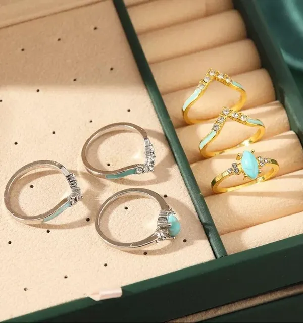 6pc 925 Rings For Men And Women Hip Hop Vintage Style Turquoise With Rhinestones - Image 3