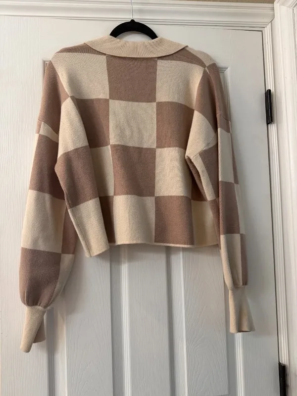 Mahina COlor Block Neutral Crop Collared Sweater Top Size Small Check - Image 5