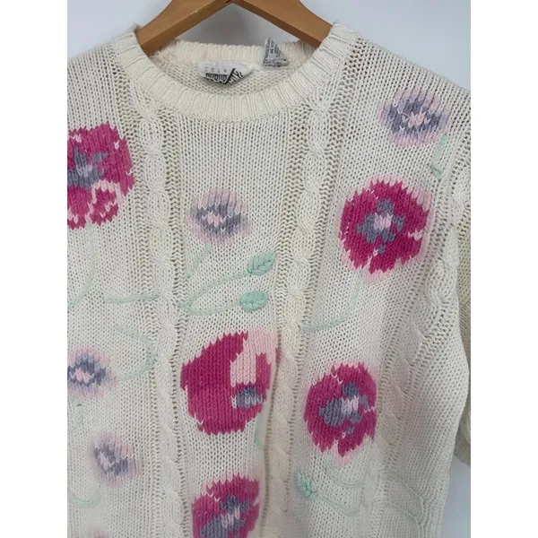 Vintage‎ Country Suburbans Flower Sweater Medium Short Sleeve Cable Knit Cottage - Image 2