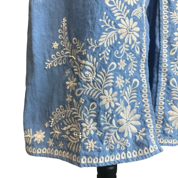 Vintage 100% Linen Skirt Sz 12 Artisan Embroidered Beaded Blue Cottage Boho Folk - Image 5