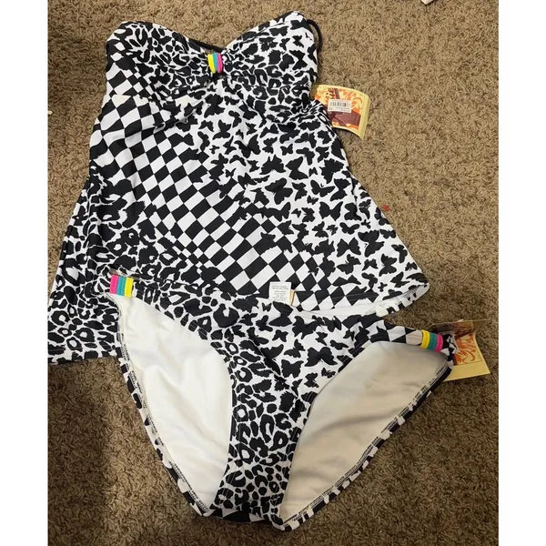 NWT Hobie Tankini Halter Swim Top &‎ bottoms L/XL black white animal print NEW - Image 2