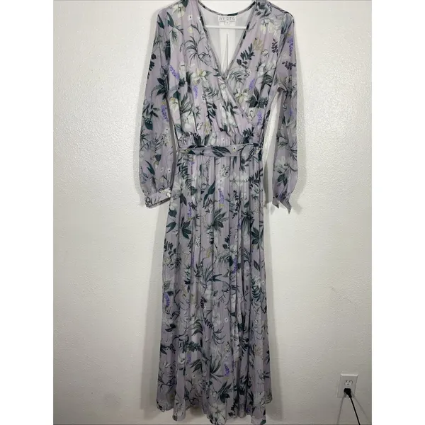 Ivy City Co Sweet Caroline Floral Maxi Dress Size M Lavender Wrap Smocked Sleeve - Image 2